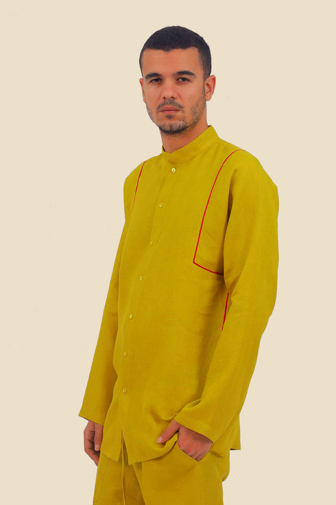 Embroidered linen shirt with button down and stand up collar